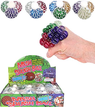 12x 3-in-1 Glitter Ball Mesh Squeeze Ball, 6.5cm In Counter Display Unit