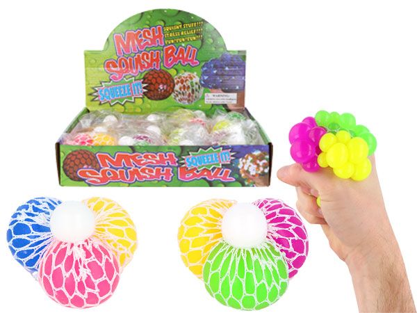 12x 3-in-1 Coloured Mesh Squeeze Ball, 6.5cm In Counter Display Unit